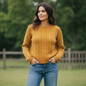 Garnet Hill 100% Recycled Cashmere Cable Knit Crewneck Sweater Mustard Yellow XS